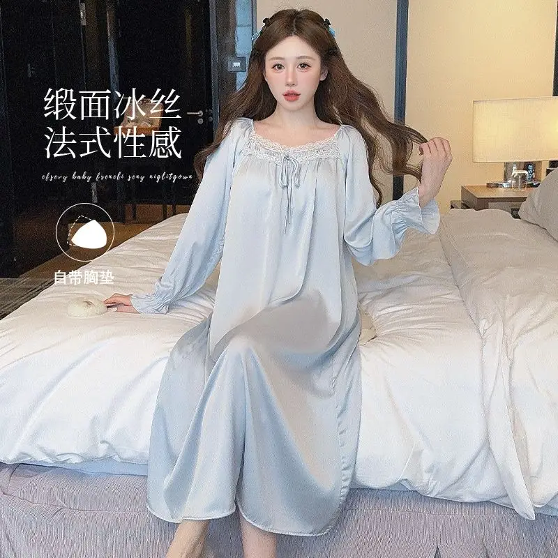 

2025 Autumn Long Sleeve Sexy Lace Lingerie Silk Satin Nightgowns for Women Korean Cute Sleepwear Night Dress Nightdress Nighty