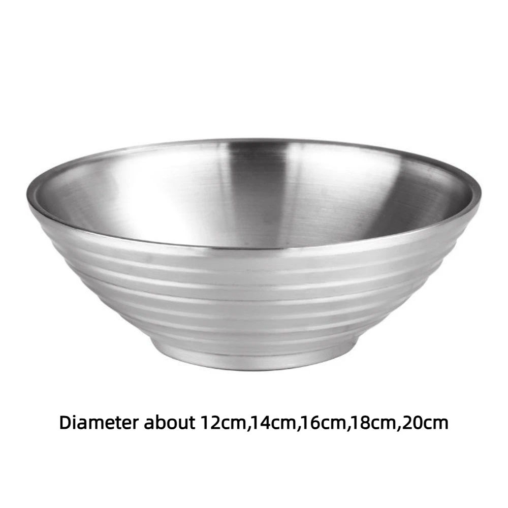 304 Stainless Steel Ramen Bowl Double Layer Large Rice Salad Bowl Threaded Anti Scalding Cold Noodle Soup Bowl Home Restaurant