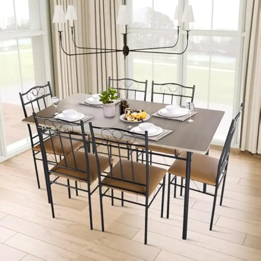 Table Set for 6, Kitchen and Chairs for 4-6 People, 7 Piece Kitchen Sets, Rectangular Dining Room Set with 6 P