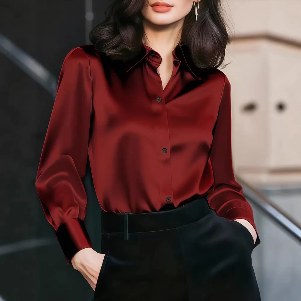 Women Satin Lapel Collar Blouse Button Front Long Sleeve Turn Up Cuff Elegant Office Business Formal Daily Wear Shirt Top