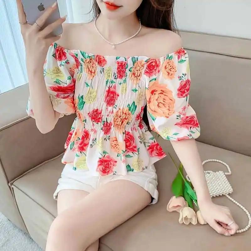 Flattering Women's Clothing Lantern Short Sleeve Slash Neck Summer Fashion Plant&Flowers Printing Contrast Colo Shirring Tops