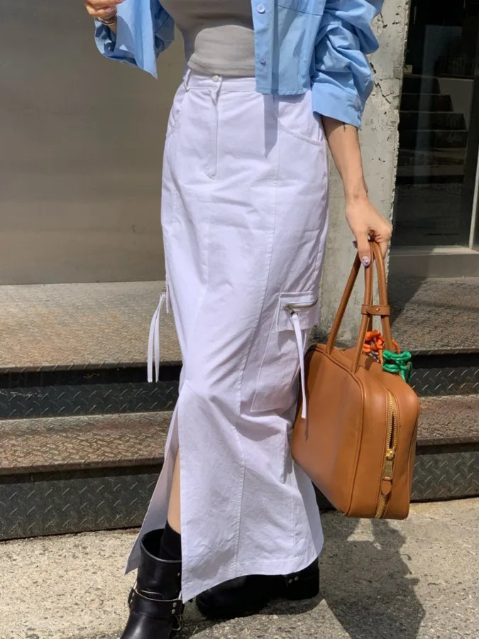 

Retro High Waist Slimming Long Workwear Skirt with Multiple kets Split Design Versatile for Women Commute Pure Color