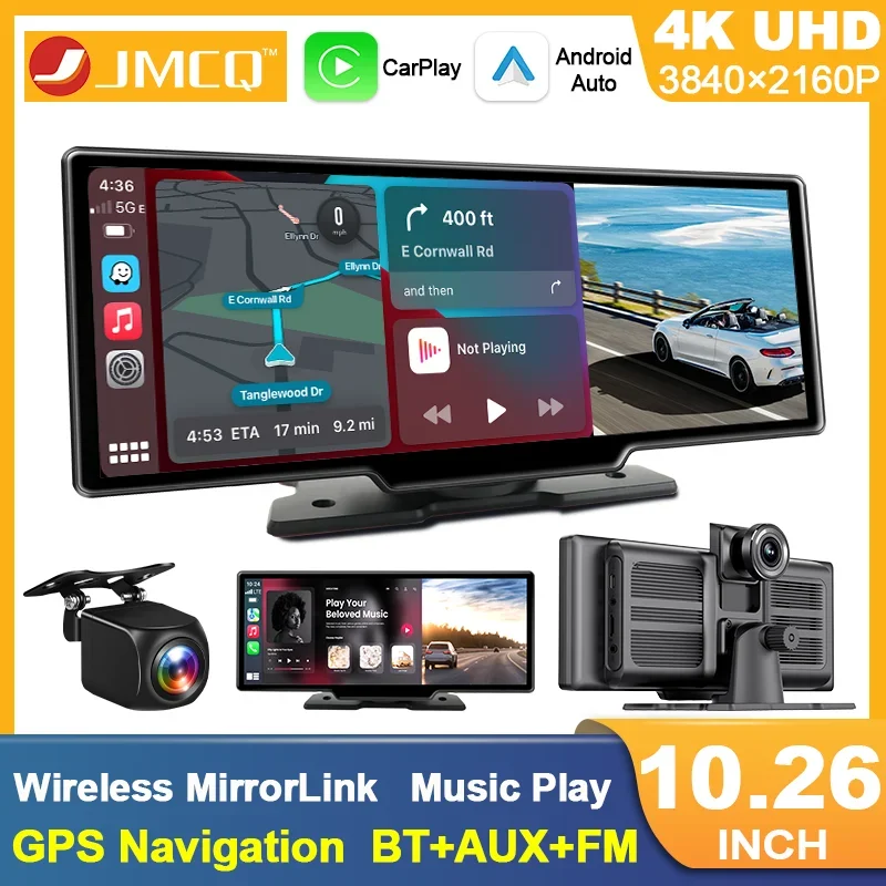 

JMCQ 10.26" 4K Dash Cam Wireless Carplay Android Auto Car DVR WiFi GPS Navigation Rearview Camera Dashboard BT FM Video Recorder