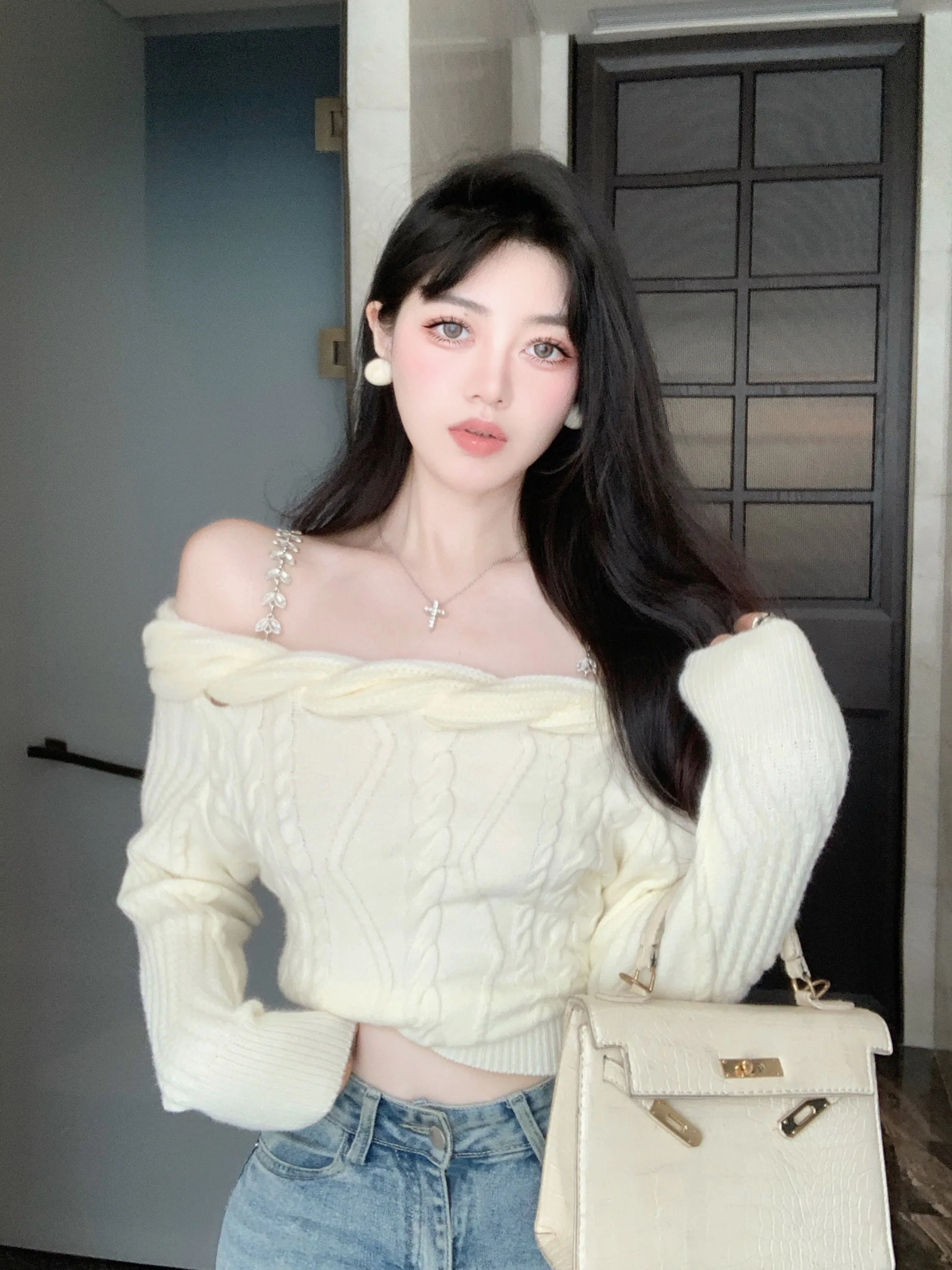 

Вязаный свитер Thiened, милый дизайн, цвет, верхняя одежда на одно плечо, верхняя одежда, топ для женщин, длинный све