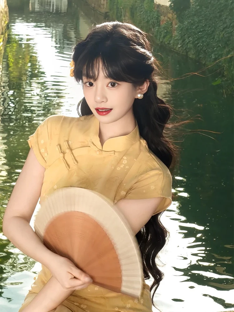 

Женское платье миди с цветочным принтом, желтое, с завышенной талией, в стиле ретро, для повседневной носки, лето 2026, модное