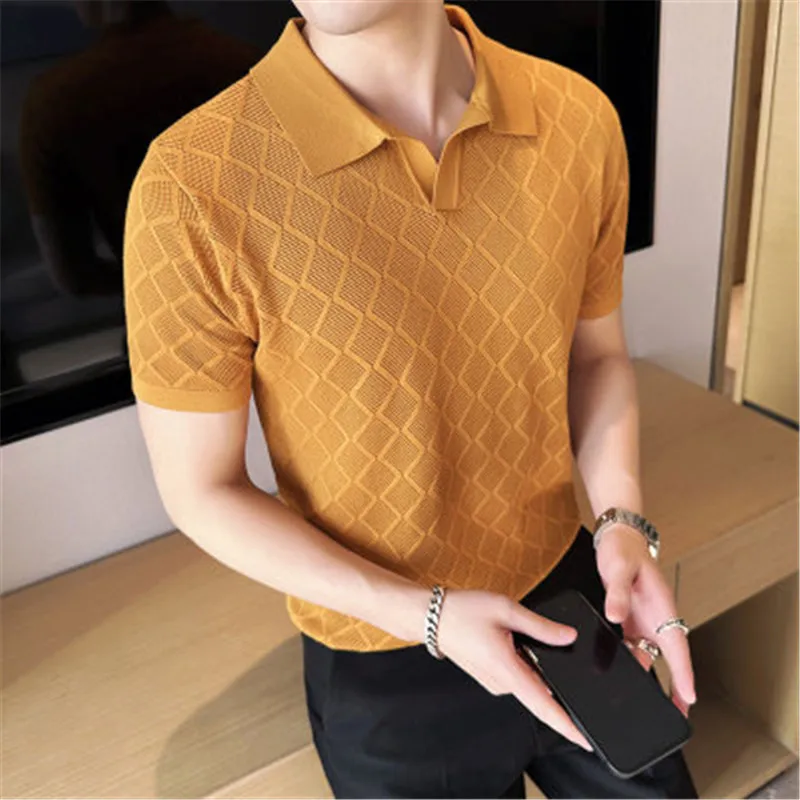 Summer Howllow Knitted Shorts Polos Tee Shirt Men's Short Sleeve Shirts and Blouses Slim Fit European Clothing Korean Golf Wear