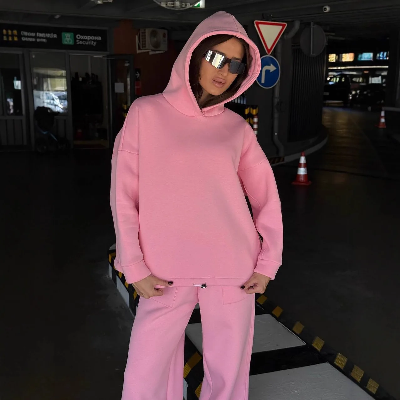 Set casual da donna ampio Felpa con cappuccio a maniche lunghe in puro colore Pantaloni elastici a gamba larga Set da due pezzi Comodo street style Polieste...