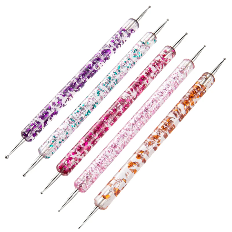 5pcs Dual-ended Nail Art Dotting Tool With Rhinestones Handle Gems Pens UV Gel Liner Flower Pattern Drawing Painting Brush Kits