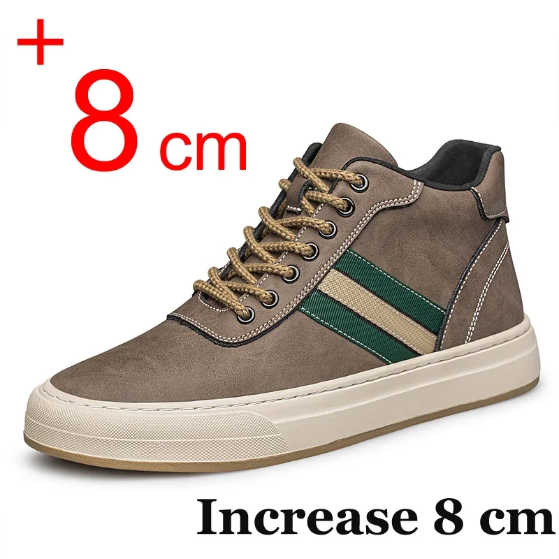 Men Boots Elevator Shoes Genuine Leather High-top Casual Fashion Lift Sneaker Boots 6cm 8cm Insole Height Increased Shoes Taller