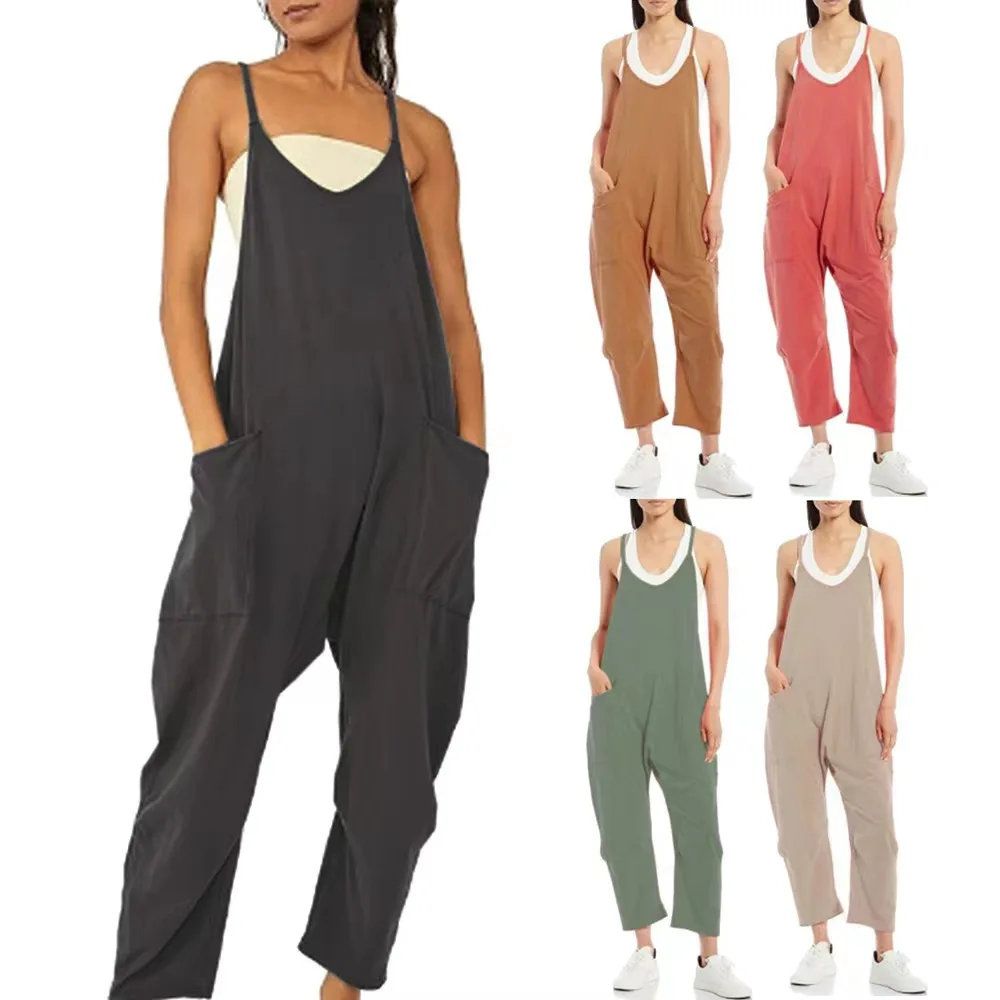 Summer Stretch Jumpsuit for Women Stylish Solid Cotton Jumpsuits Women Big Pocket Jumpsuit Ladies Straight Overalls for Women