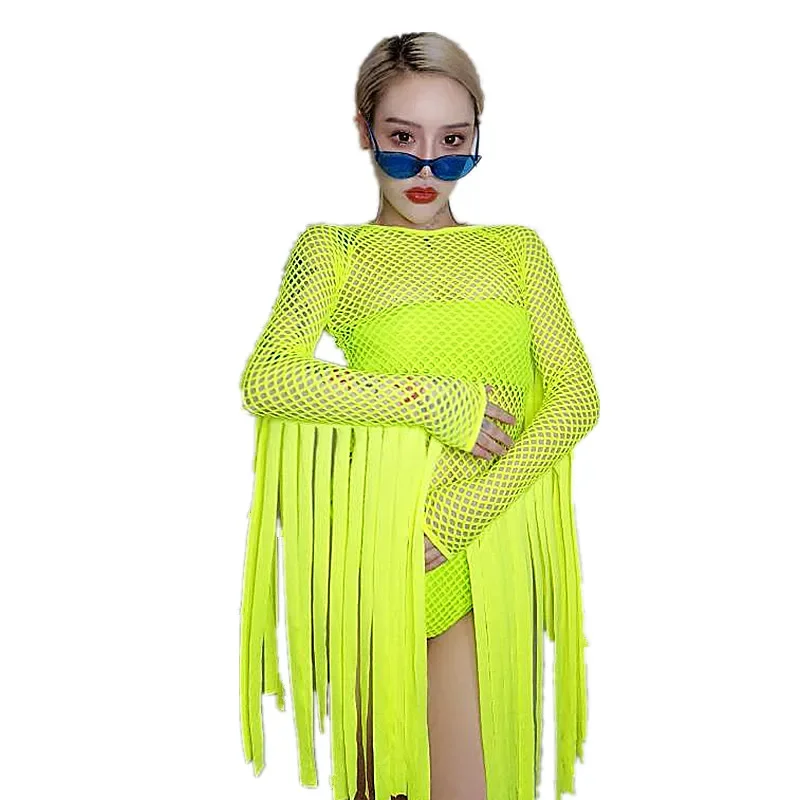 Green Tassel Jumpsuit Nightclub Gogo Dancer Stage Hip Hop Clothes Dj Suit Festival Rave Outfit Clubwear Dancing Performance