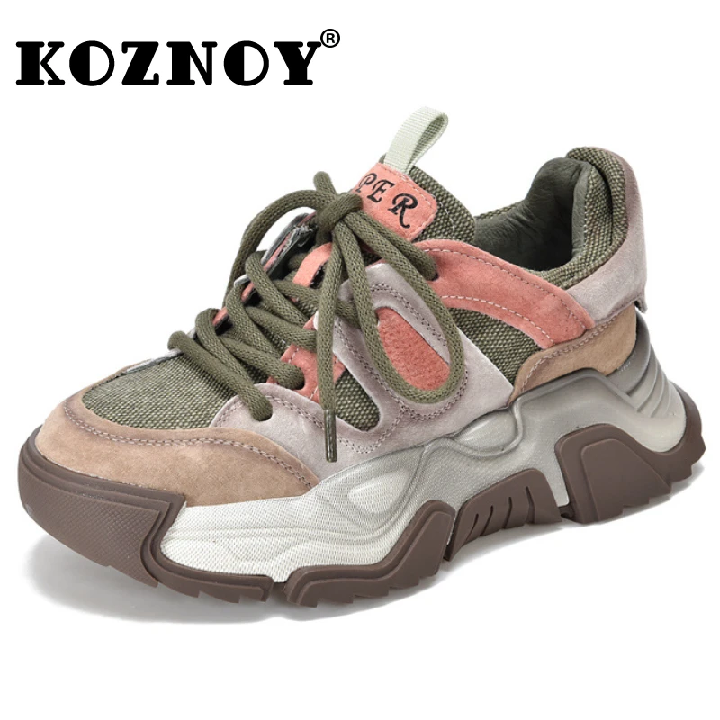 Koznoy-Botas de couro genuíno sintético para mulheres, malha aérea, cores misturadas, sapatilhas volumosas, confortáveis, vulcanizáveis, jeans, primavera, outono, 5cm