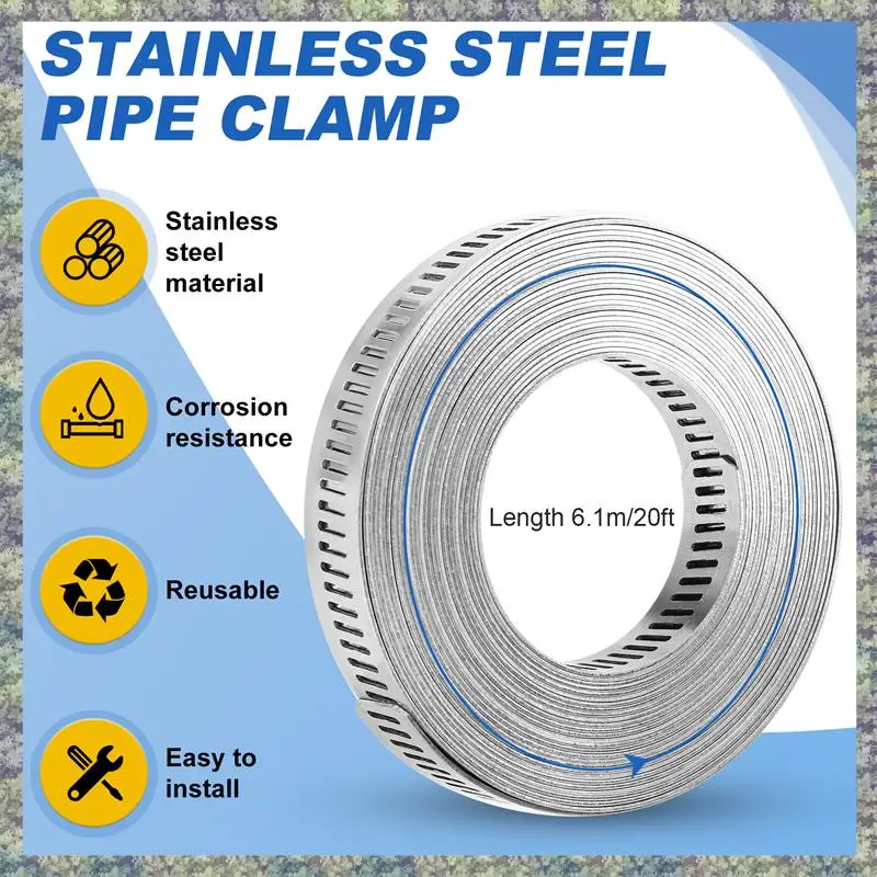WON Slangklemmen 20FT Metalen Band + 20 Bevestigingsmiddelen DIY Cut-To-Fit Roestvrij Stalen Bandklemmen Verstelbare Grote Worm Duurzaam