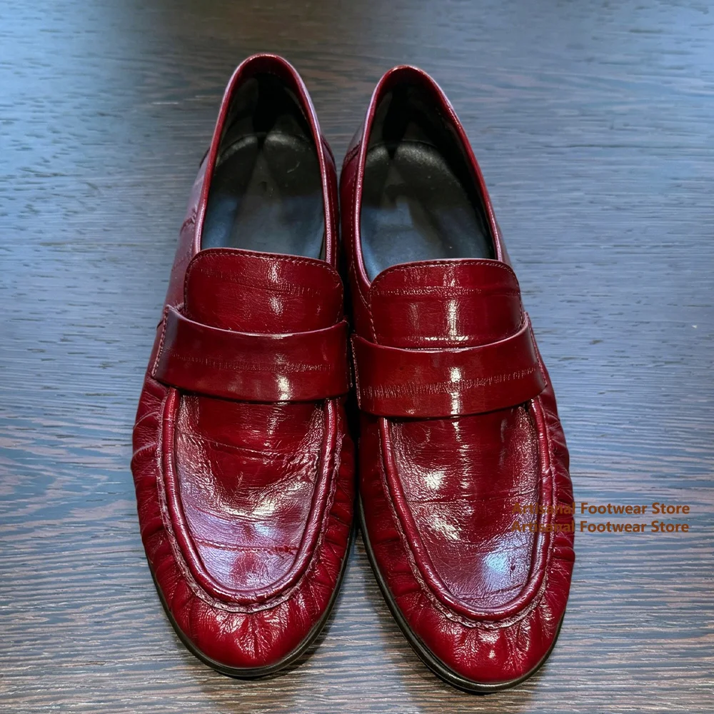 

Burgundy Red Ruched Leather Loafers Slip On Flat Dress Shoes Low Block Heel Casual Shoes Luxury Designer Handmade Men's Shoes