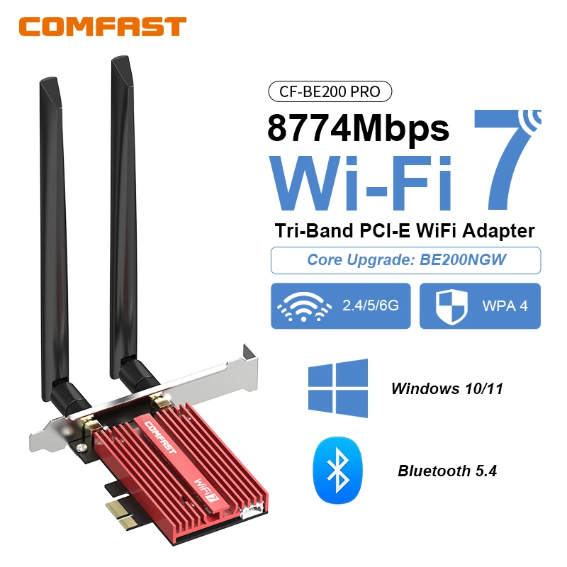 

COMFAST WiFi 7 Pci Express Wi-Fi адаптер BT5.4 WPA4 Беспроводная карта 802.11be 8774M Pcie Гигабитная сетевая карта для настольных ПК Linux