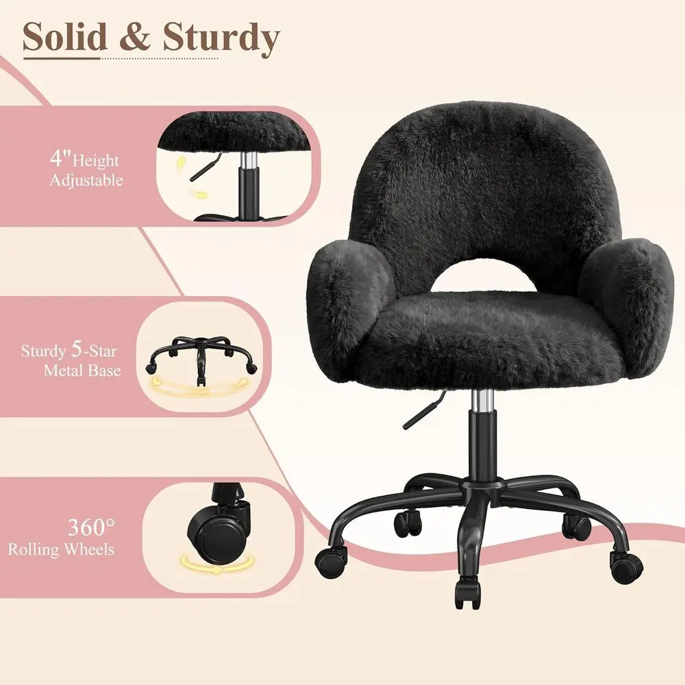 Ergonomic Office Desk Chairs with Arms, Swivel Vanity Stool for Makeup Rooms, Adjustable Height, Black view 6