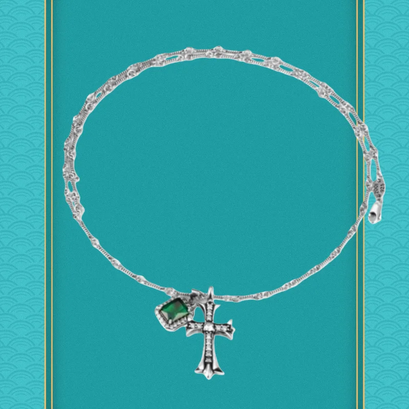 

Elegant Silver Necklace with Cross & Emerald Accent Pendant