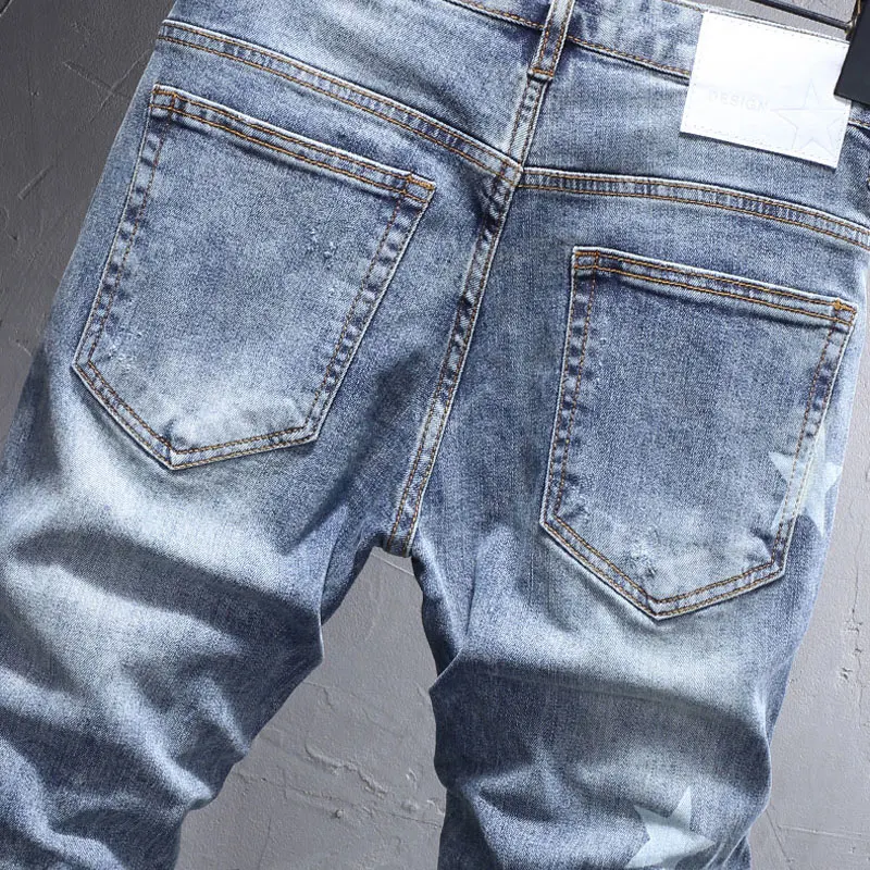 High Street Fashion Designer Men Jeans Retro Light Blue Stretch Slim Fit Ripped Jeans Men Y2K Hip Hop Vintage Denim Pants Hombre