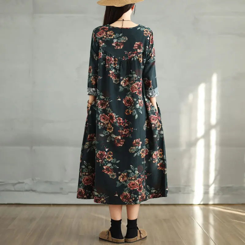 Baumwolle Vintage Print Floral Kleider 2025, Frauen Casual Lose Langarm Kleid Femme Robe Vestidos Elegante Frühling Herbst Kleidung