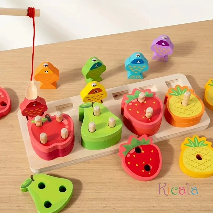 Houten magnetische kleurvorm voor kinderen Fruitclassificatie Cognitie Visspel Bijpassende stapelblokken Bordspel