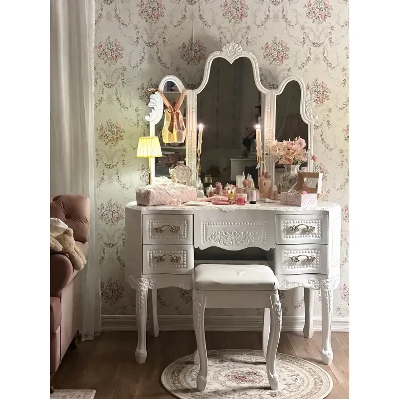 Retro Solid Wood Engraving Dressing Table Nordic Bedroom White Makeup Desk Furniture Customizable