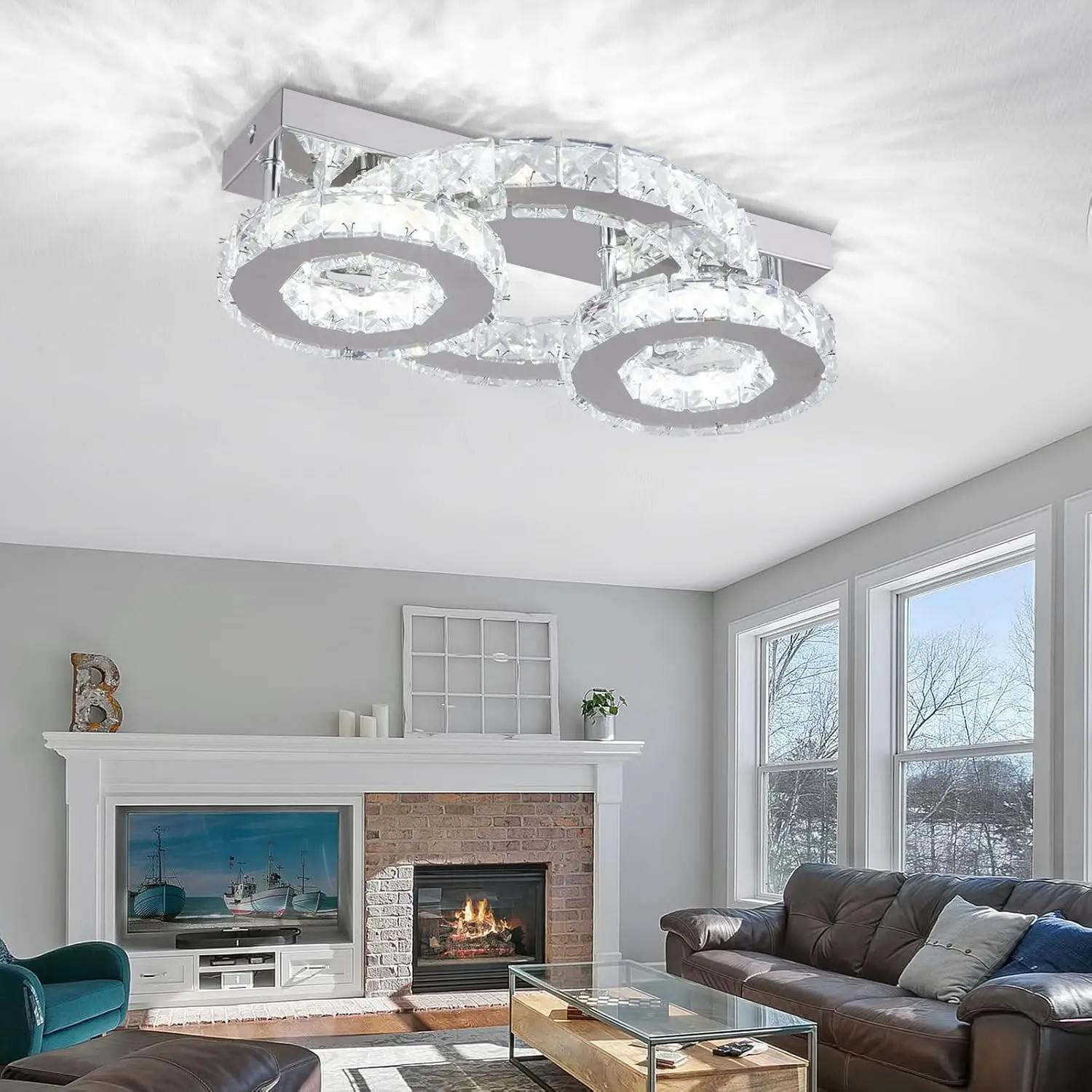 

Zenouidle LED Crystal Ceiling Light 3 Rings Crystal Chandelier Modern Flush Mount Ceiling Light Fixture for Bedroom Dining Room