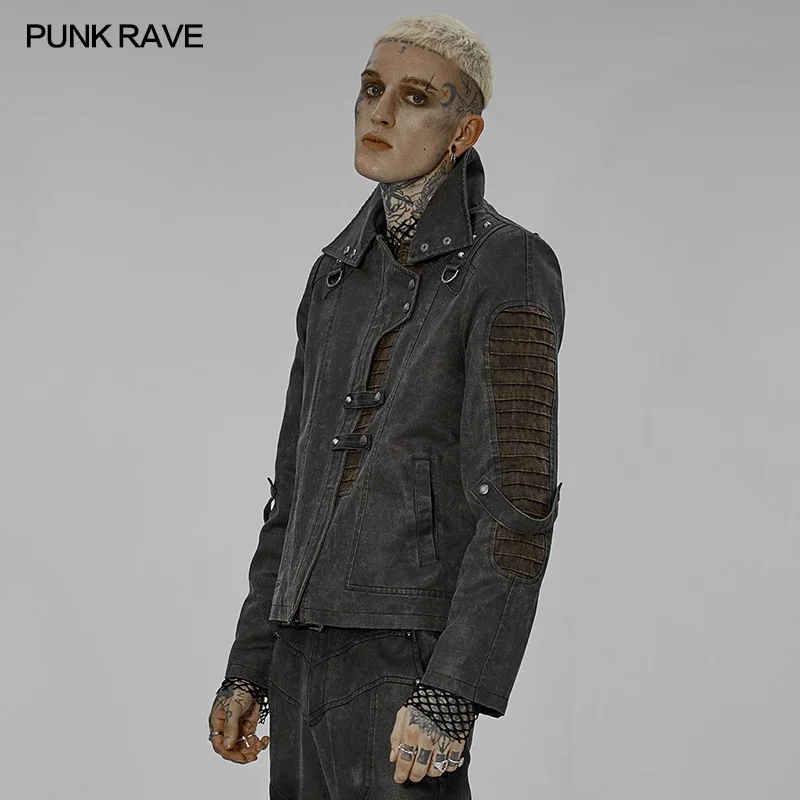 PUNK RAVE Men's Gothic Post-apocalyptic Style Asymmetric High Collar Short Jacket Rivets Personality Casual  Autumn/Winter