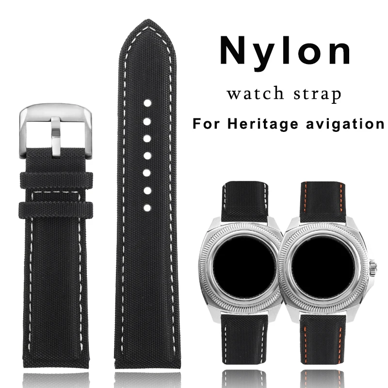 Nylon cowhide lea/ther bottom watchstrap 22mm black red orange blue lines men watchband For Longines Heritage avigation L2.838.4