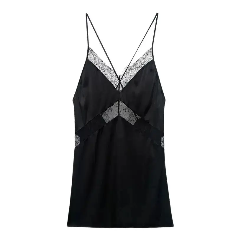 BirdTree, abito da pigiama in vera seta al 93%, pizzo con spalline sottili da donna, camicia da notte senza schienale con Flirt Sexy a V profonda, 2024 estate nuova P43019QC