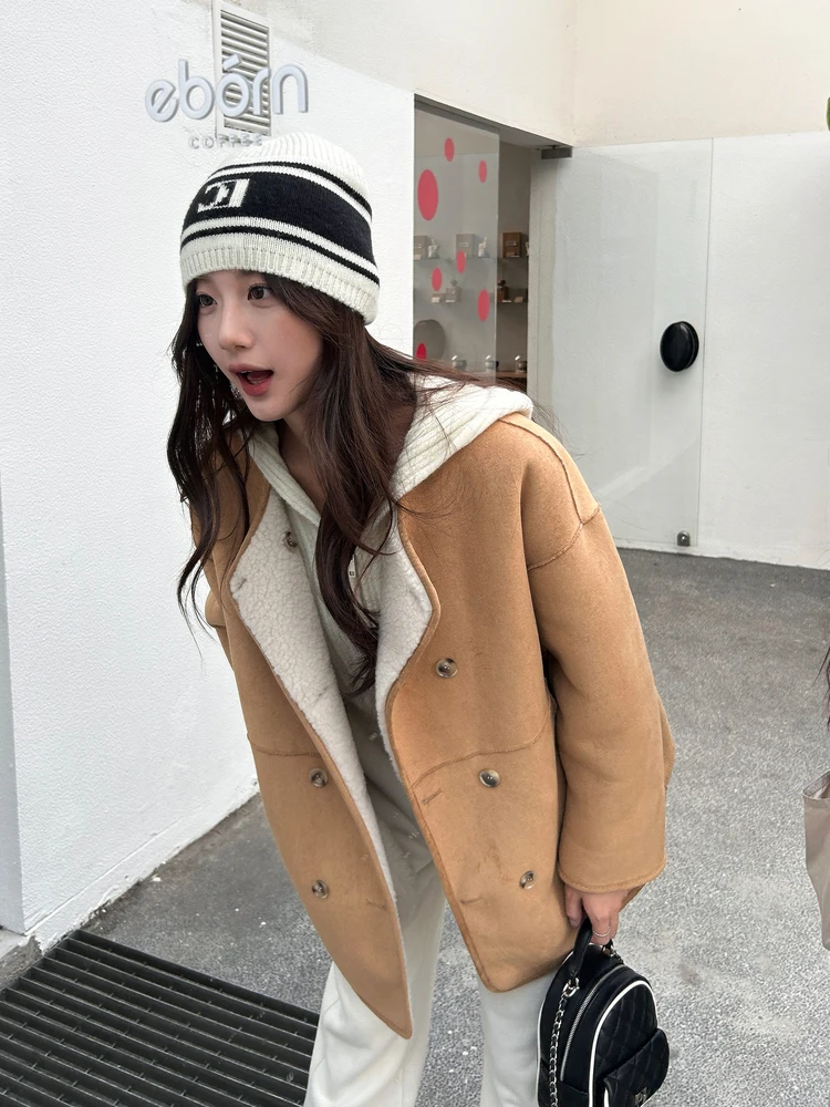 両面着用ラムファーベルベットレザー一体型レディースコートハンナンドンハイニン冬新作韓国風ルーズフィット