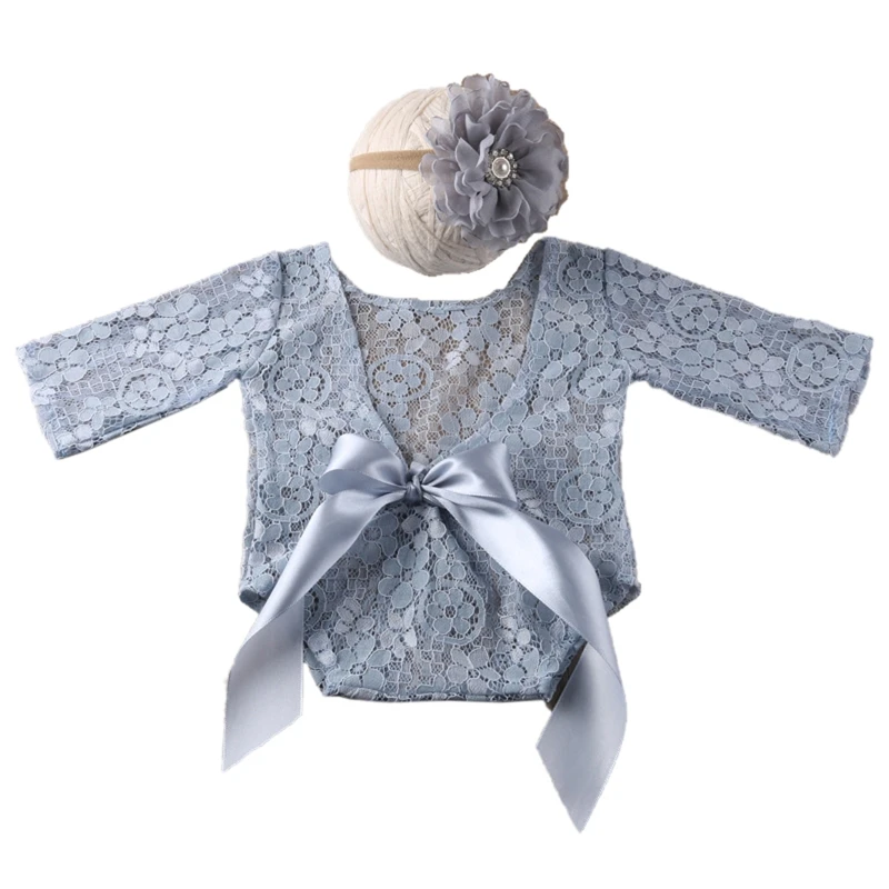 2 Pcs Newborn Photography Props Baby Boys Girls Lace Romper Flower Headband Set Lace Jumpsuit Bodysuit Floral Hairband