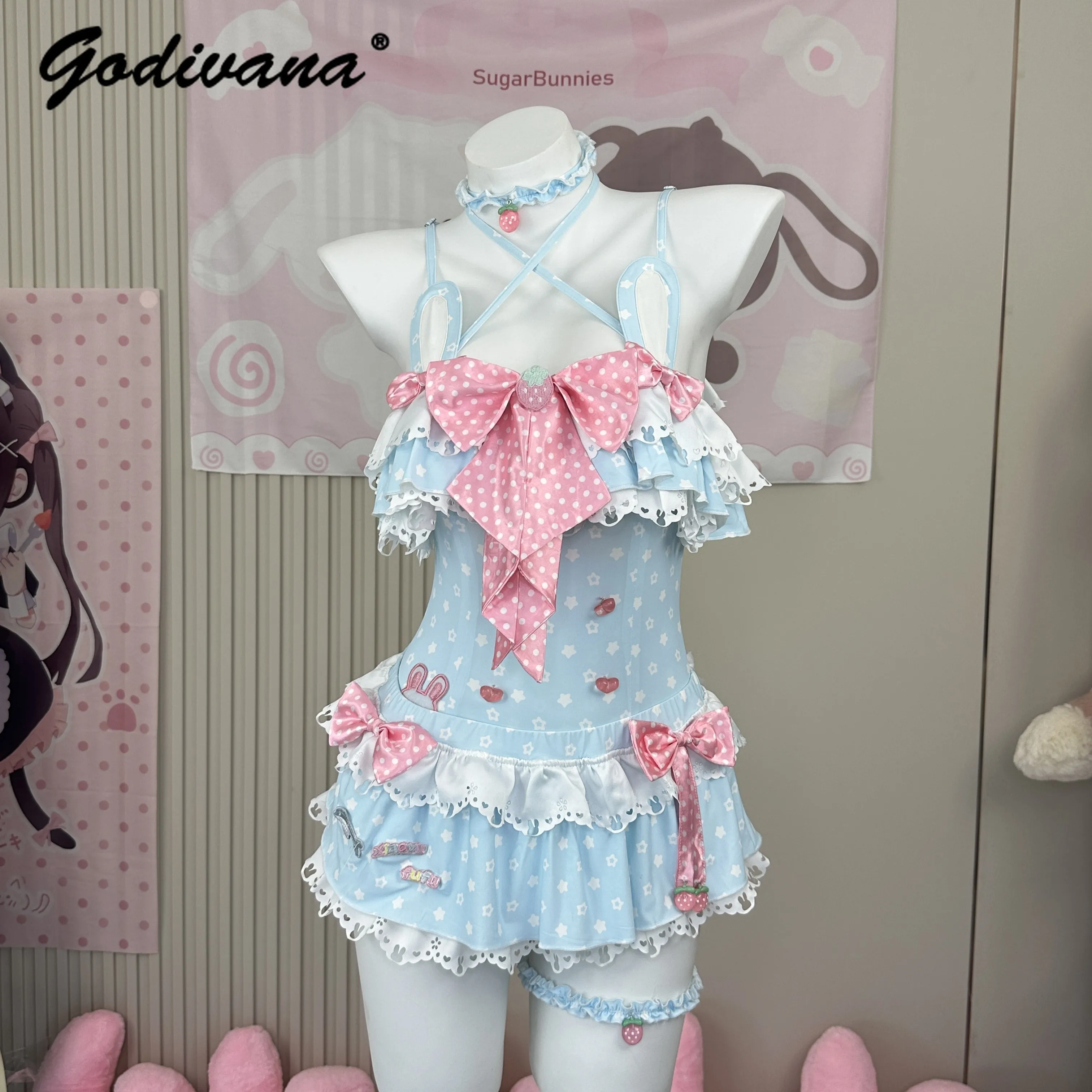 Cute Strawberry One Piece Swim Suit Kawaii Women's Sweet Bow Rabbit Ear Swimwear New Summer Beach Wear