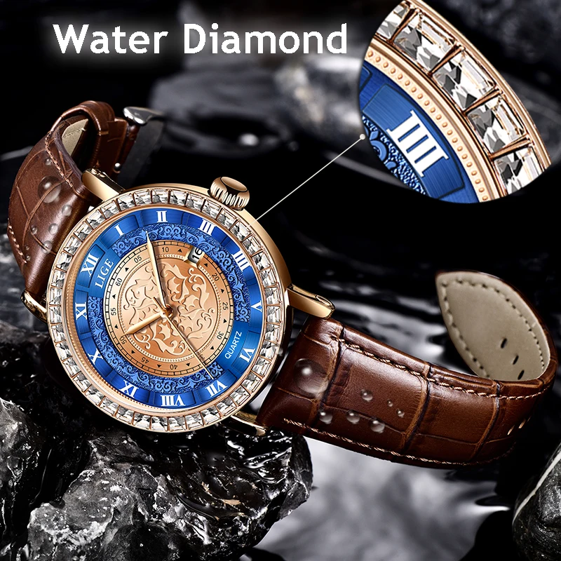 Reloj de cuarzo de lujo con diamantes para mujer, pulsera de cuero, cristal de circón, reloj de pulsera de moda