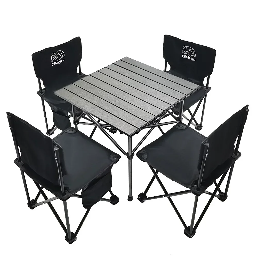 Outdoor Folding Table And Chair 5-Piece Set Black Table And Chair Portable Patio Beach Picnic Self-Driving Table And Chair Set