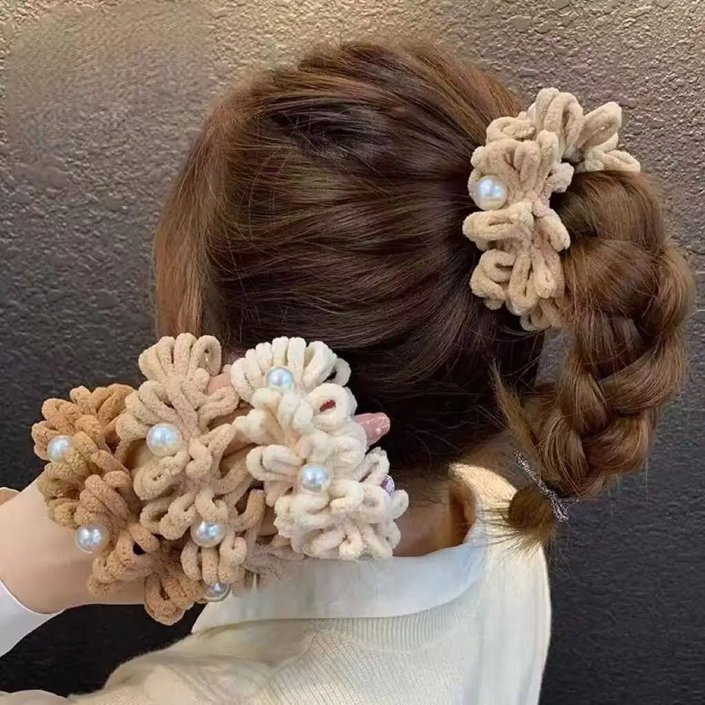 

2pcs/ Furry High Elastic Hair Ring For Women With High Ponytail Tied Head Rubber Band Imitation Pearl Head Rope Hair Accessories