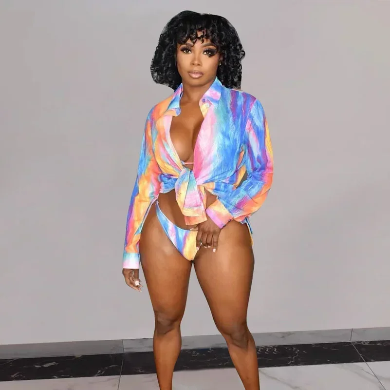 

GUWU Tropical Printed Three Piece Outfits Summer Swimsuit Long Sleeve Cardigans Bikini Set Sexy Hollow Out Women's Clothing