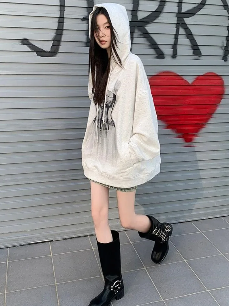Flower Gray Hooded Sweatshirt For Women'S Spring And Autumn New Style Dance Skirt With Printed Design, Loose Shoulder Top