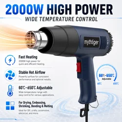 2000W Heat Gun Professional Hot Air Gun Adjustable Temperature 60-600 D 4 Nozzles for DIY Stripping Paint Shrinking PVC and Home