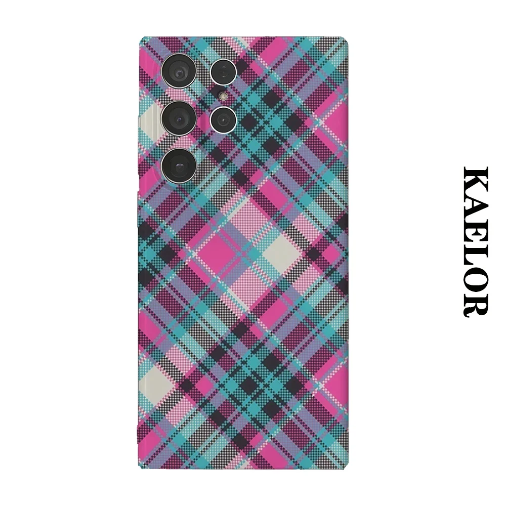 Neon Pink Teal Plaid Durable Shiny Double-layer Case for Samsung S26 Ultra S25 S24 S23 Plus Anti-drop Scratch Resistant Cover