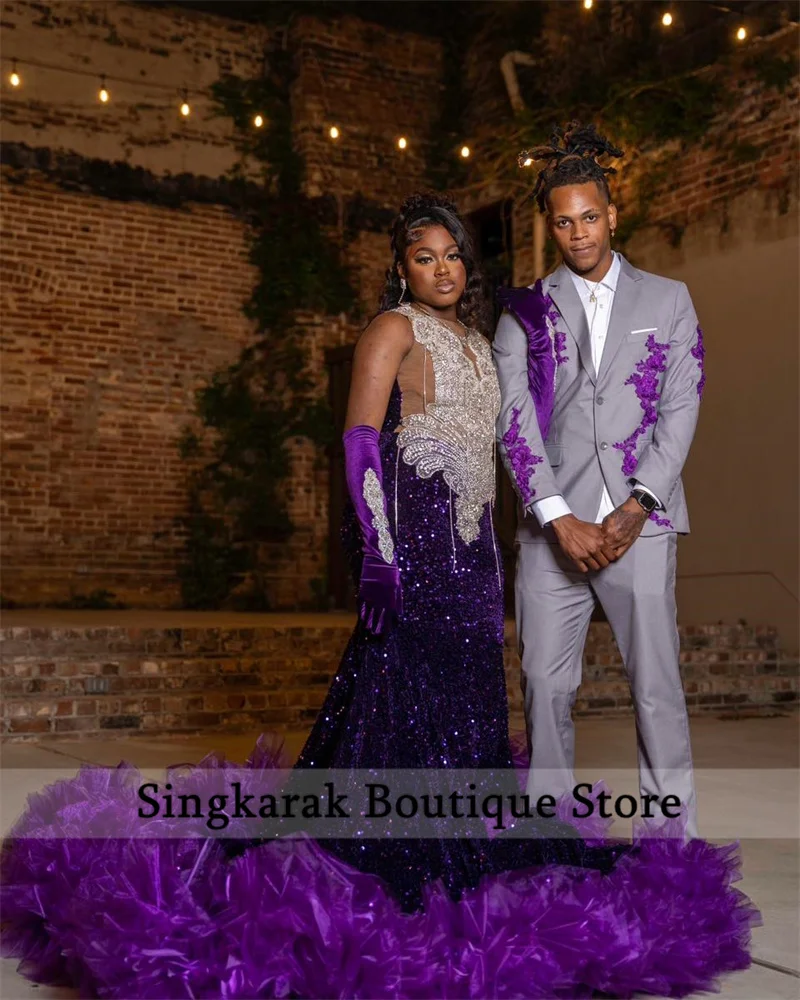 New Purple Diamonds Prom Dress With Two Gloves Glitter Bead Crystal Tassels Sequins Gown Birthday Party Dress Customized image 3
