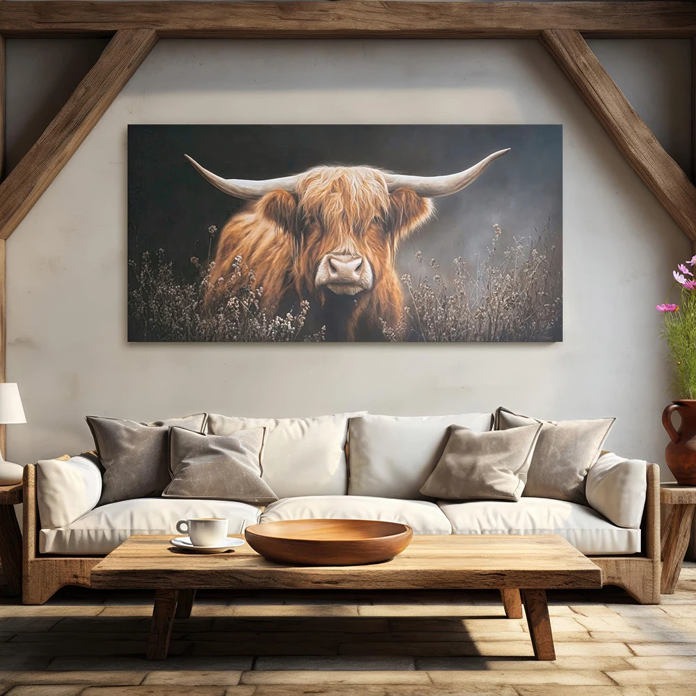 Leinwanddruck mit Highland-Kuh-Motiv – Wandkunst-Poster mit Highland-Kuh-Motiv, für die Dekoration von Bauernhöfen und Naturheime im Wohnzimmer, ohne Rahmen