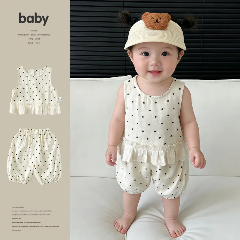 

Infant Summer Polka Dot Vest Set Baby Summer Outfit Thin Lace Casual Sleeveless Top and Pants Two-Piece Set