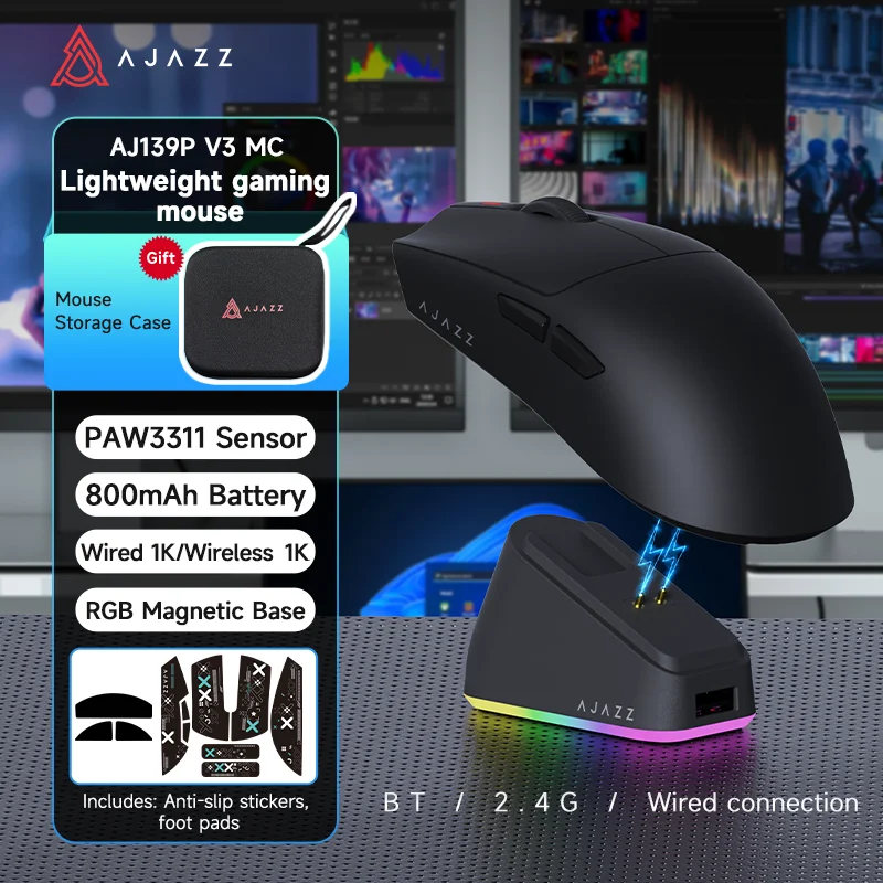 AJAZZ AJ139P V3 MC/Max 800mAh batterij Tri-mode draadloze muis, Esports Gaming & Office, oplaadbaar, Bluetooth + bekabeld draagbaar