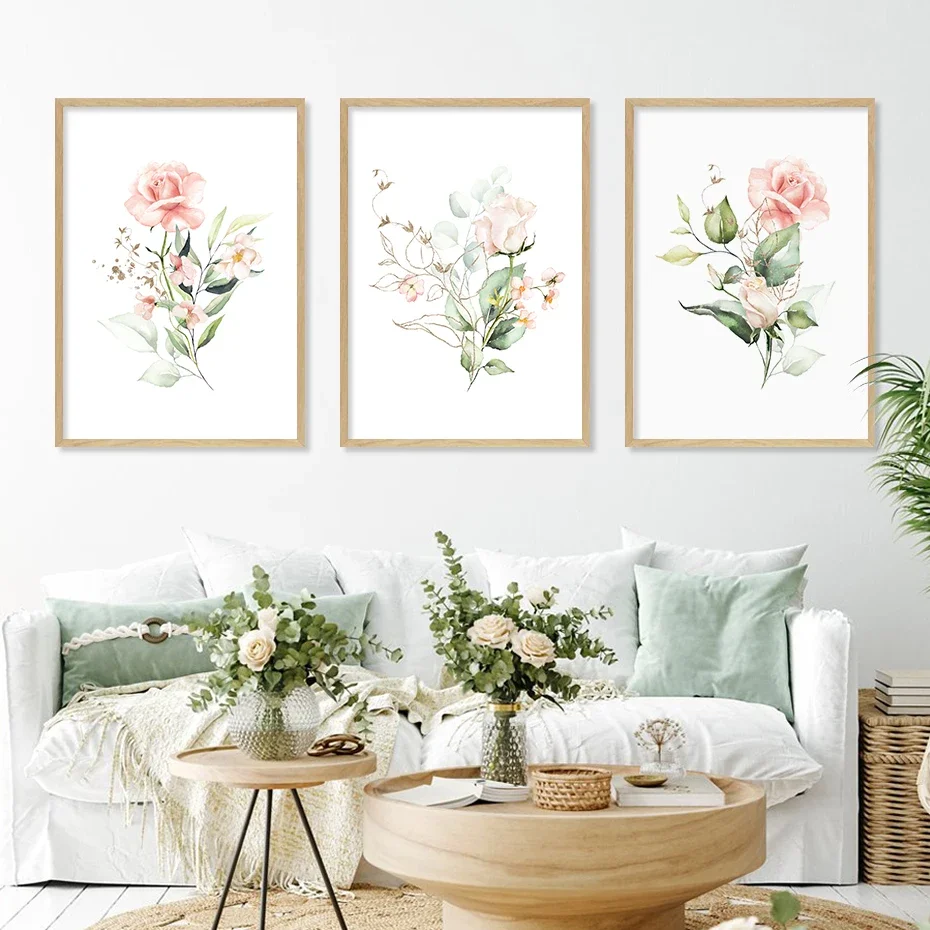 Leinwand Malerei Poster Wand Kunstdrucke Boho Aquarell Blumen Grüne Blätter Minimalistisches Bild Wohnzimmer Schlafzimmer Home Decor
