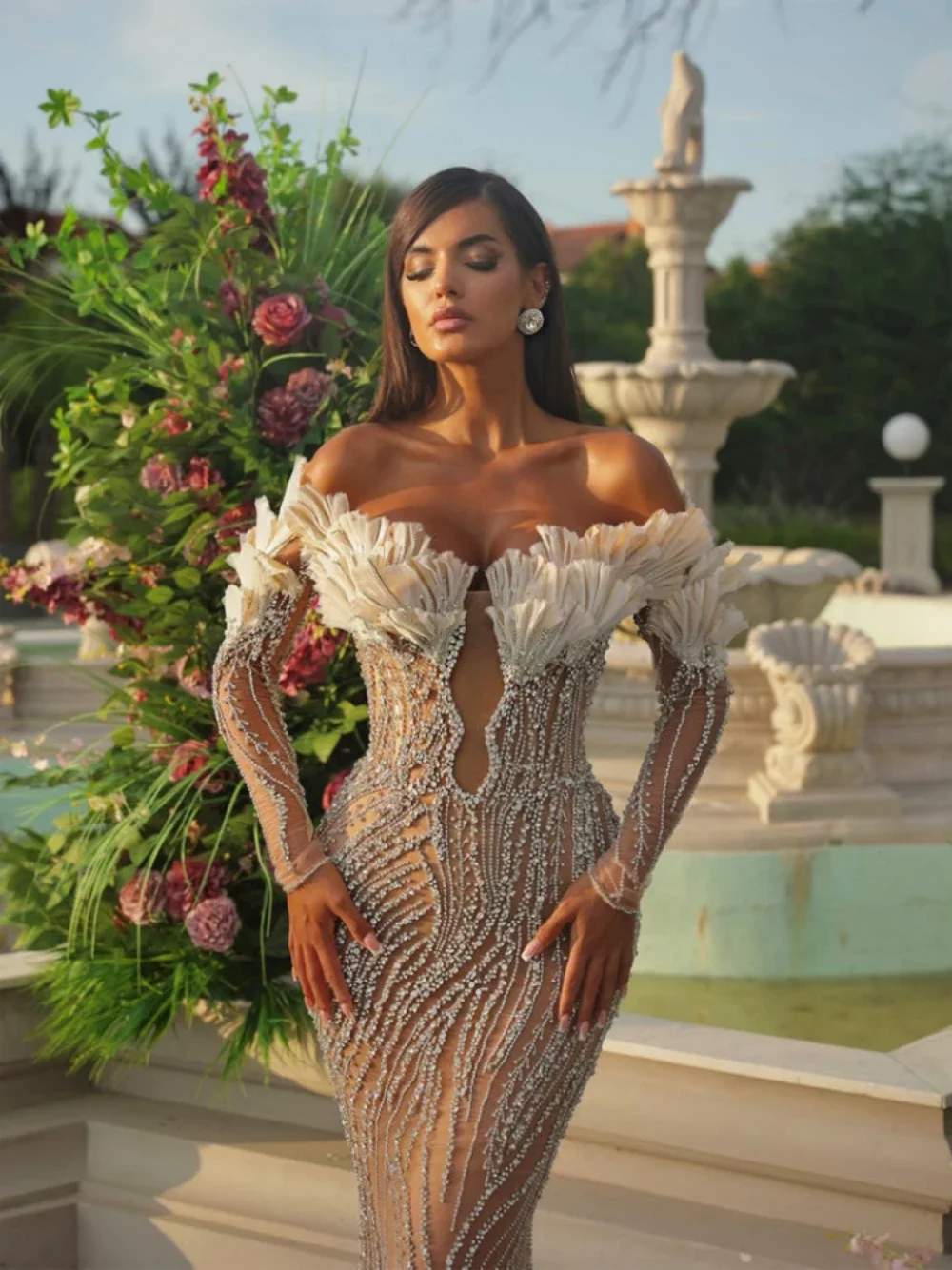 Luxury Mermaid Wedding Dresses For Women Sequins Off Shoulder Bridal Gown Slim Fit Sweep Train Long Sleeves Dress Custom Made