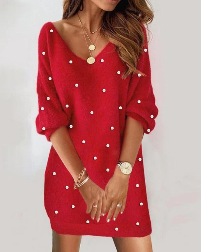 Women's Fashion Dress 2024 Summer Late Communicating Style Pearls V-Neck Half Sleeves Mini Dress Long Sleeved Fuzzy Short Skirt