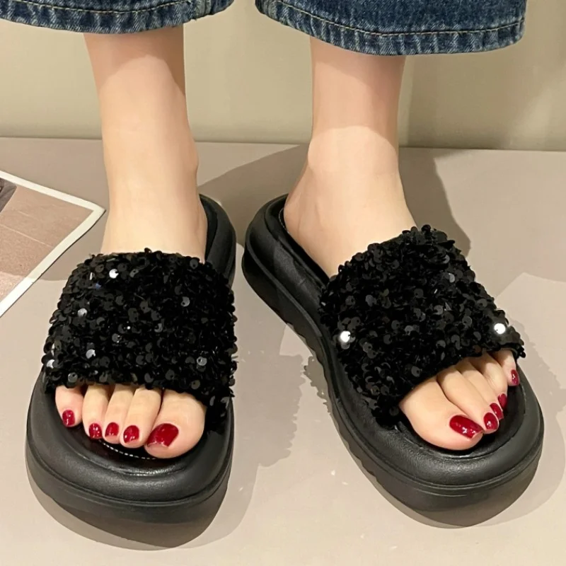 Shoes for Women 2023 High Quality Summer Women's Slippers Solid Color Sequins Water Proof  Platform Plus Size Women's Shoes