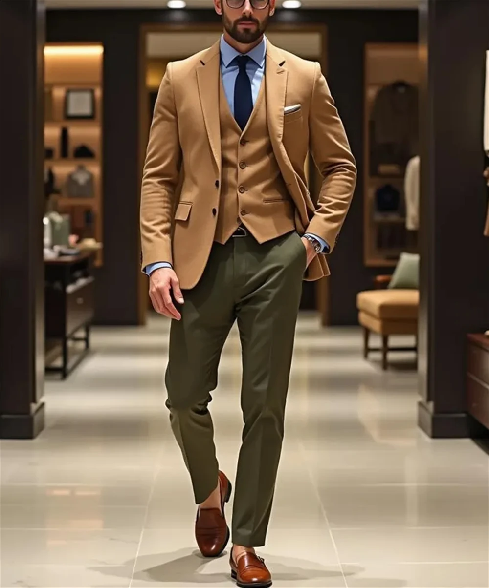 

2025 Men's Suits Camel 3-Piece Suit Classic Tuxedo for Weddings & Formal Events (Jacket+Vest+Pants) Tailor Made