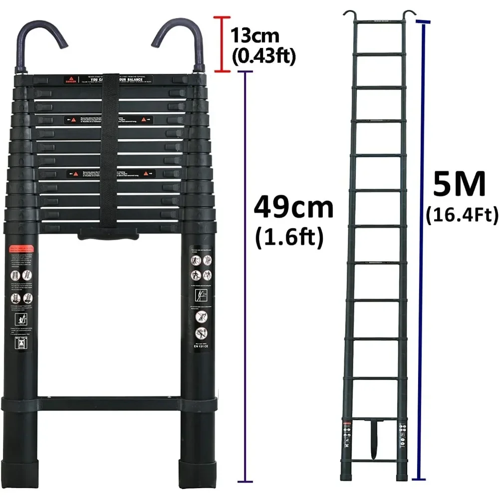 Telescoping Ladder Aluminum Telescopic Multi-Purpose Extension Ladder with 2 Detachable Hooks Lightweight Portable Collapsible