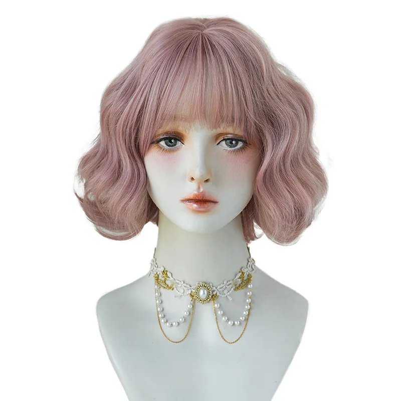 women's Bobo short curly hair with water ripple wigs, full bangs, machine made synthetic fiber wig sets